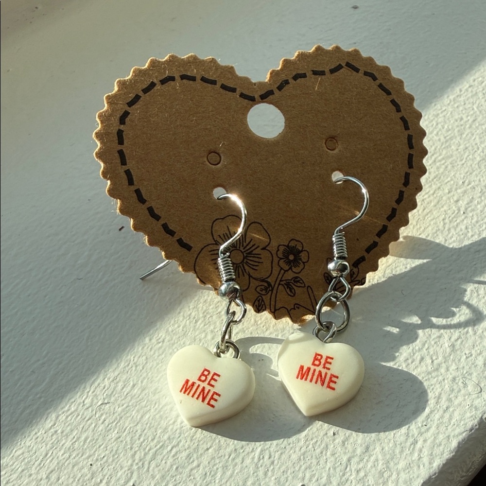 Handmade White Conversational Heart Be Mine‎ Heart Earrings